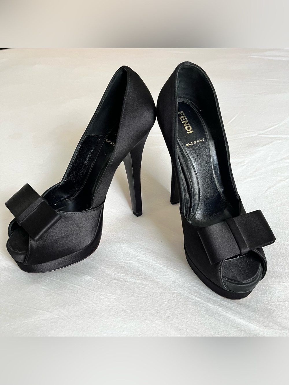 Fendi Black Satin Bow Peep Toe Platform Pumps Heels